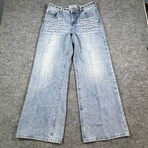 Only Ethikal By Ptcl Wide Leg Jeans Womens 31 Blue Denim Grommet Studded Zip Fly